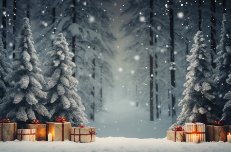 Christmas background with snow covered fir trees, gift boxes and candles.の素材