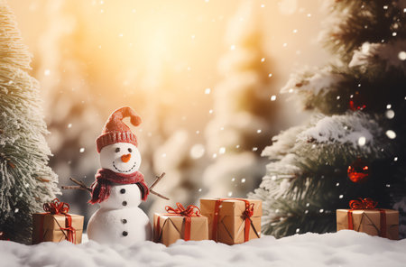 Snowman with gift boxes and Christmas tree in the background. Christmas greeting card.の素材