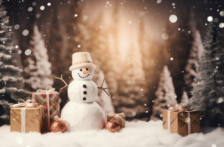 Snowman with gift boxes in snowy forest. Christmas and New Year background.の素材