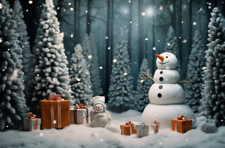 Snowman with gift boxes in snowy forest. Christmas greeting card.の素材