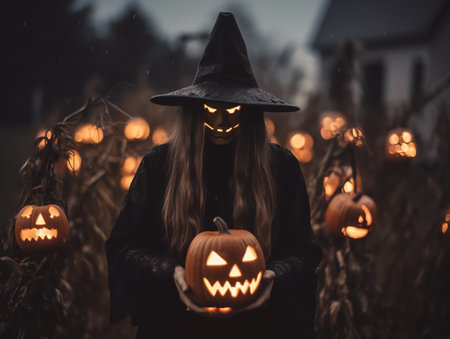 Portrait of a girl in a witch costume with a pumpkin lantern.