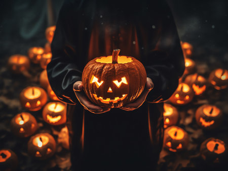 Halloween pumpkin in the hands of a witch on a dark backgroundの素材