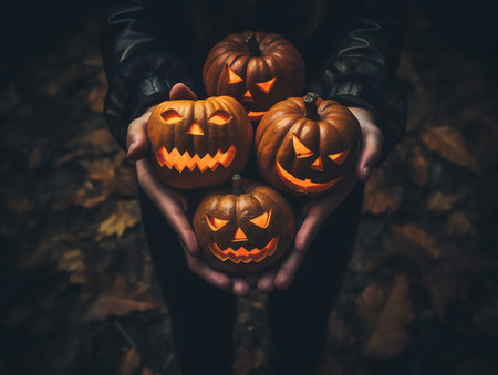 Halloween pumpkins in the hands of a woman in the forestの素材