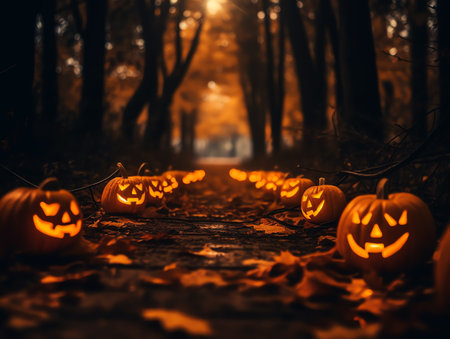 Halloween pumpkins in the forest. Jack o lanterns.の素材