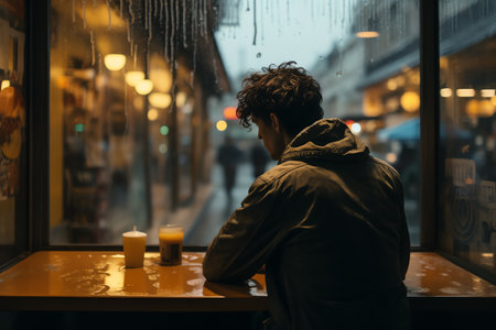 Young man sitting at the table in a cafe and looking at the rainの素材