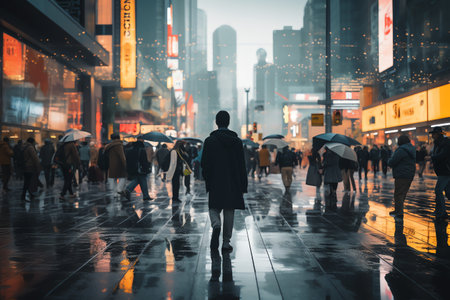 Unidentified people walking in Hong Kong at night. Hong Kong is the most densely populated of the five boroughs of Hong Kong.の素材