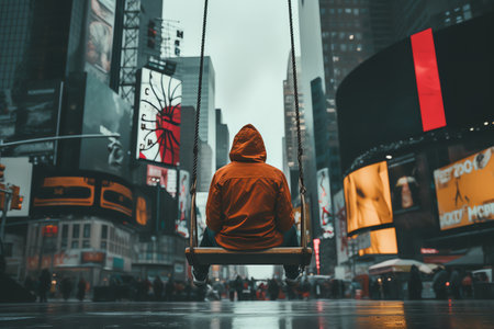 A man riding a swing in Times Square.の素材
