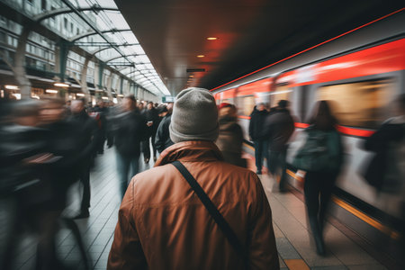 people in motion blur at a train station in gdansk, Polandの素材