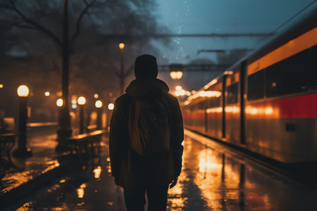 Silhouette of a man in the rain on the background of the train at nightの素材