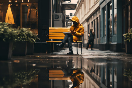 A man in a yellow raincoat is sitting on a bench in the rain.の素材