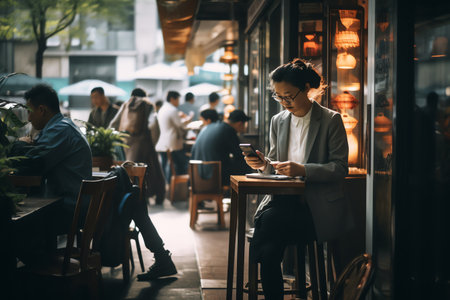 Businesswoman using mobile phone while sitting in coffee shop, vintage toneの素材