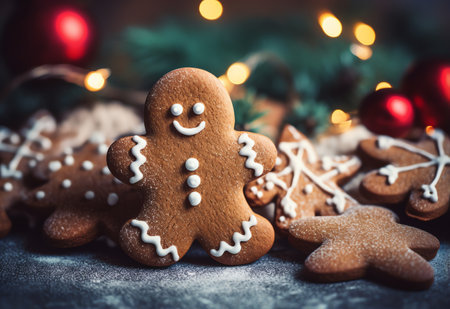 Christmas homemade gingerbread cookies on a dark background. New Year mood.の素材