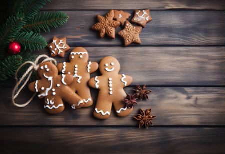 Christmas gingerbread cookies on dark wooden background. Top view with copy spaceの素材
