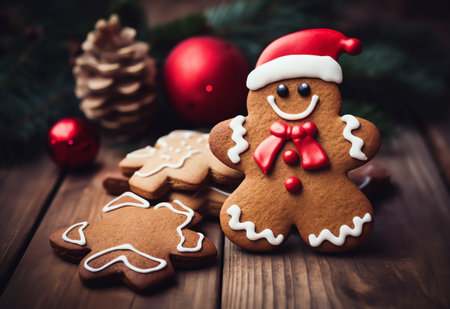 Christmas homemade gingerbread cookies on wooden background, selective focus. New Year conceptの素材