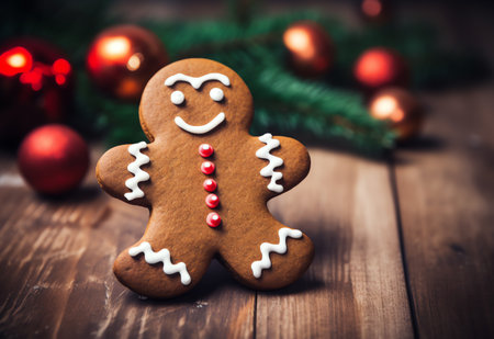 Gingerbread man with christmas decoration on wooden background. Toned.の素材
