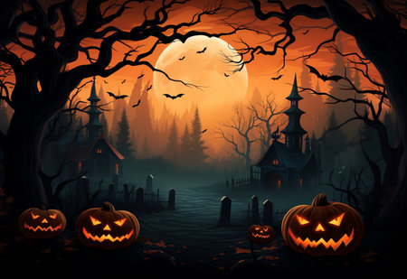 Halloween background with pumpkins in the dark forest. Vector illustrationの素材