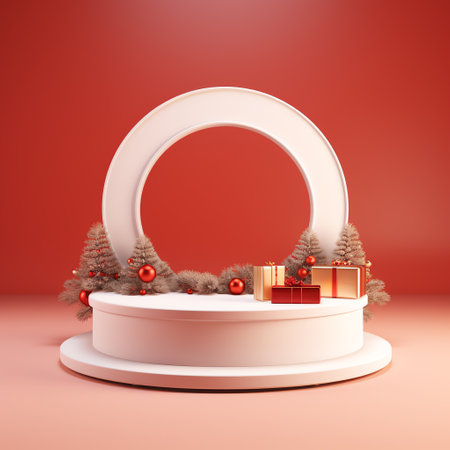 3d render of white podium with christmas tree and gifts on red backgroundの素材