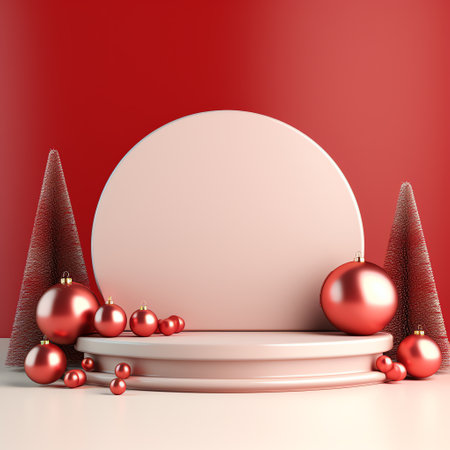 3d render of christmas podium display with red baublesの素材