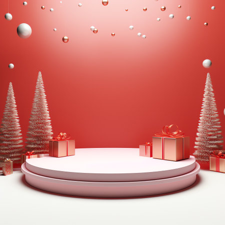 Christmas podium with gift boxes and fir trees on red background. 3d renderの素材