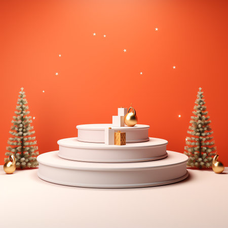 Podium with Christmas tree and candle on orange background. 3D renderingの素材