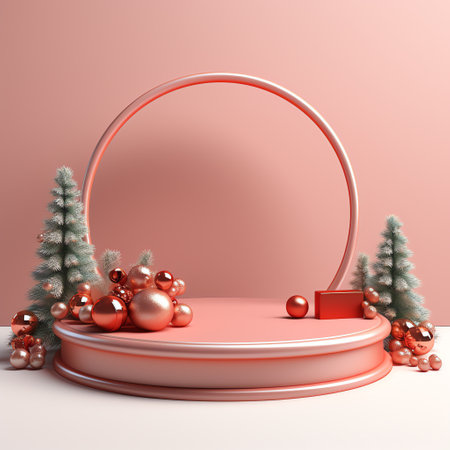 3d render of minimal display podium for product presentation with Christmas ornaments.の素材