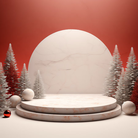 3d render of christmas background with podium and christmas treeの素材