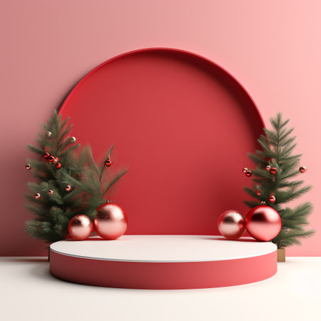 3d render of Christmas background with red podium and round frame.の素材
