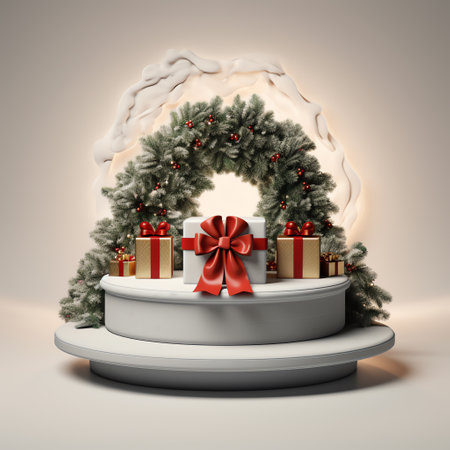 3d render of christmas wreath with gift boxes on podiumの素材