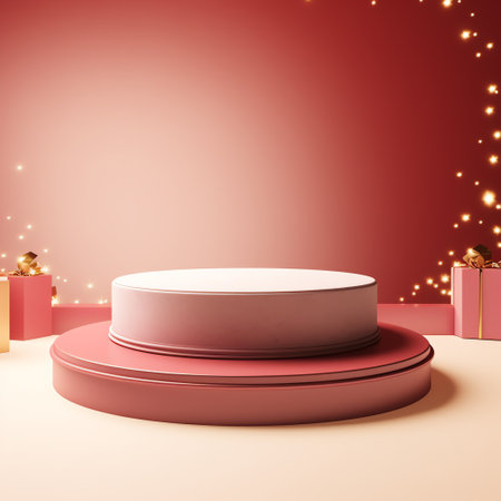 pink podium with gift boxes on red background, 3d renderの素材