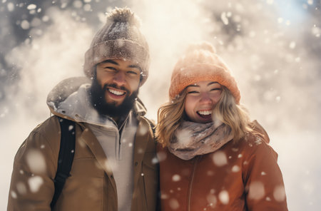 Couple in love having fun in winter park. Happy man and woman in warm clothes on a background of snow.の素材