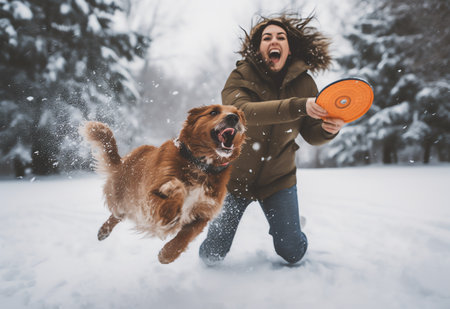 Young woman playing with her dog in the winter park. She is having fun with her pet.の素材