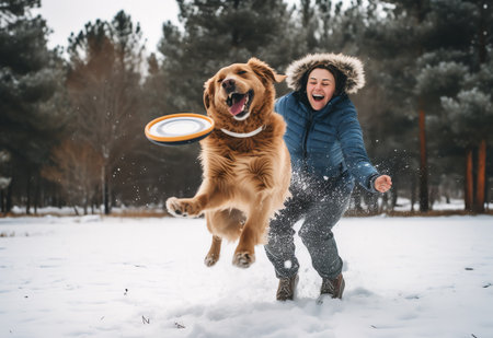 Young man playing with a dog in the winter forest. Golden retrieverの素材