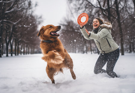 Young woman playing with her dog in the park on a snowy dayの素材