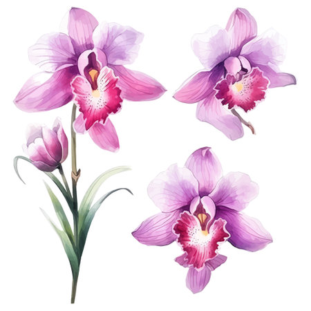 Watercolor orchids set. Hand drawn illustration isolated on white backgroundのイラスト素材