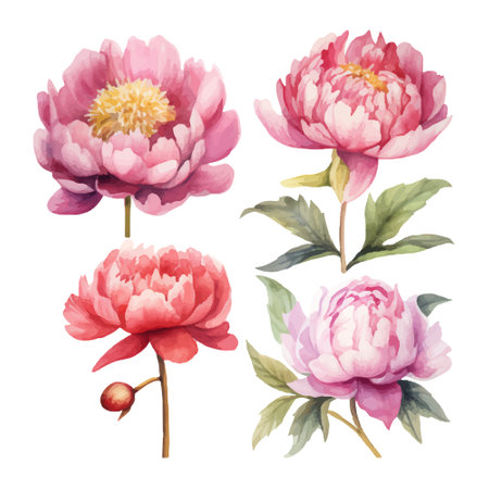 Set of watercolor peony flowers. Hand drawn vector illustration.のイラスト素材