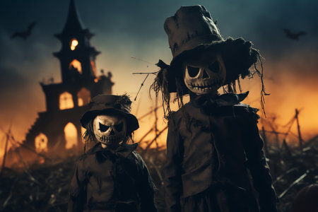 Halloween concept. Cute little children in costumes of skeleton and witch in the field.の素材