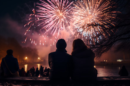 people watching the fireworks during the celebration of the new yearの素材