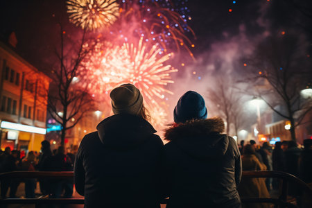 people watching the fireworks during the celebration of the new yearの素材