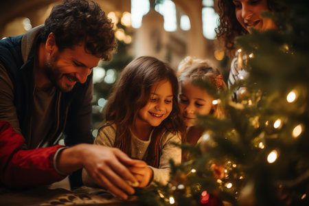 Happy family is decorating a Christmas tree at homeの素材
