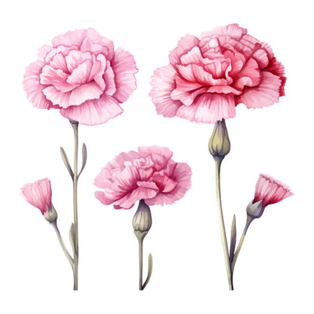 Carnation flowers set. Watercolor illustration. Isolated on white background.のイラスト素材
