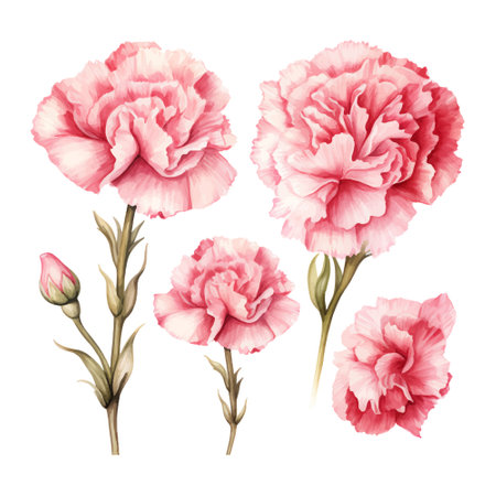 Carnation flowers set. Watercolor illustration. Isolated on white background.のイラスト素材
