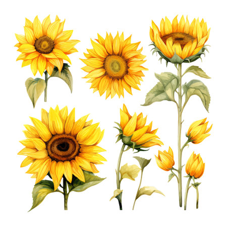 Sunflower watercolor set. Hand drawn watercolor illustration isolated on white backgroundのイラスト素材