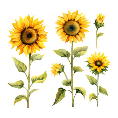 Sunflower watercolor set. Hand drawn watercolor illustration isolated on white backgroundのイラスト素材