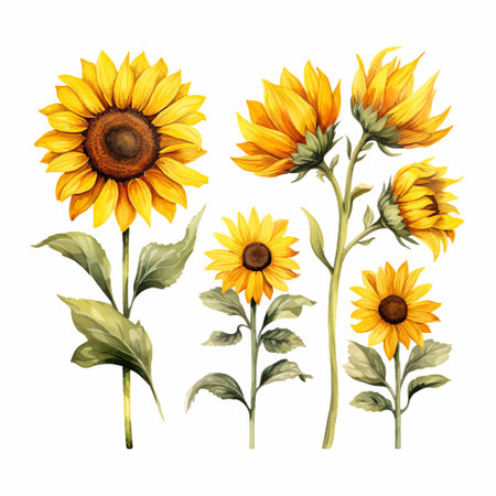 Sunflower watercolor set. Hand drawn watercolor illustration isolated on white backgroundのイラスト素材