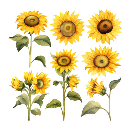 Sunflower watercolor set. Hand drawn watercolor illustration isolated on white backgroundのイラスト素材