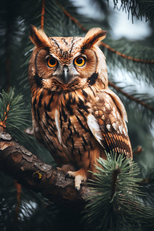 Owl sitting on a branch of a  tree in the forestの素材