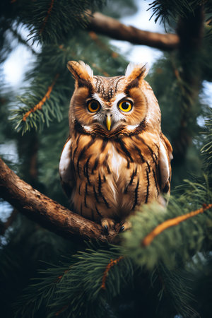 Owl sitting on a branch of a  tree in the forestの素材