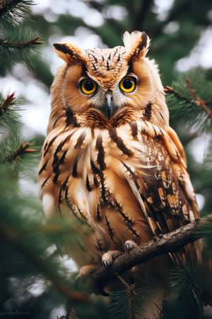 Owl sitting on a branch of a  tree in the forestの素材
