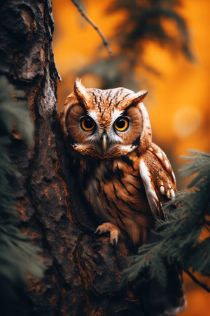 Owl sitting on a branch of a  tree in the forestの素材