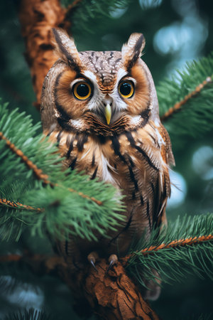 Owl sitting on a branch of a  tree in the forestの素材